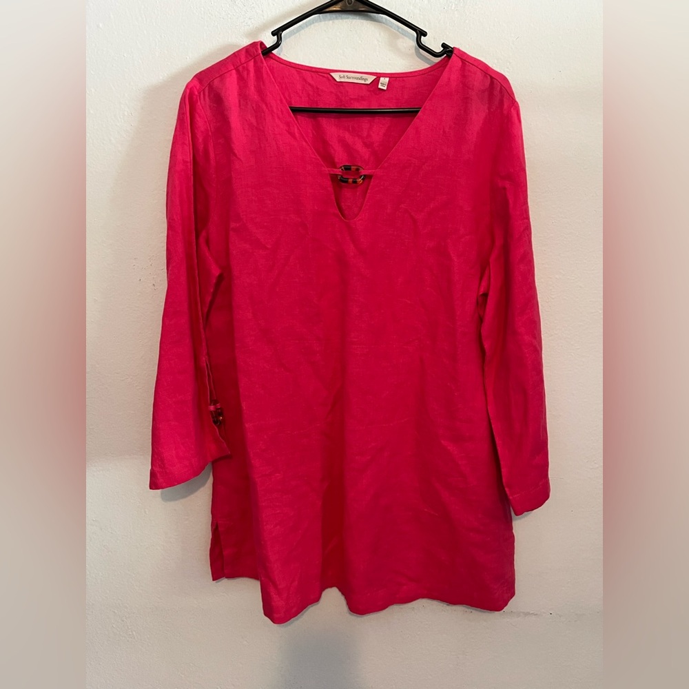 Soft Surroundings 100% Linen Magenta Pink Tunic Blouse Size Large